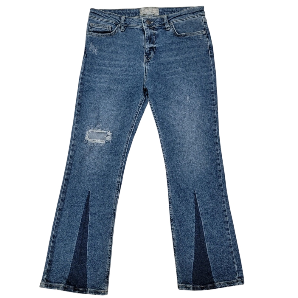 Free People Cropped Flare Leg Jeans w/ Colorblock Cut Out Distressed Wom… - Picture 1 of 17